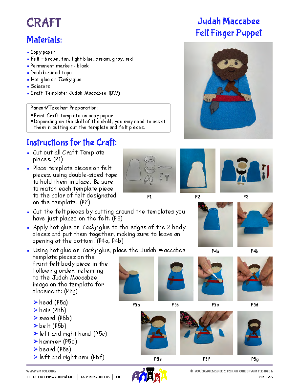 Craft Instructions & Template - Judah Maccabee Felt Finger Puppet